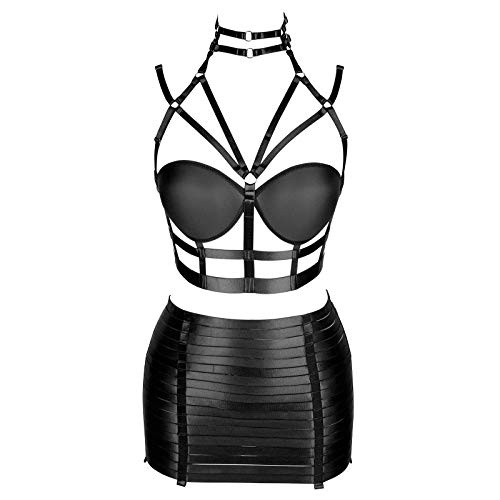 PETMHS Damen Punk Body Harness Dessous Strumpfgürtel Plus Size Strap Leg Aushöhlen Strümpfe Gürtel Halloween Rave Bralette (Schwarz) von PETMHS