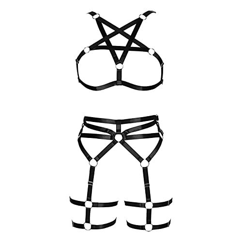 PETMHS Damen Punk Body Harness Dessous volle Taille Strumpfgürtel Set Strappy Frame Cage Rave BHS, Schwarz 83+67, Einheitsgröße von PETMHS