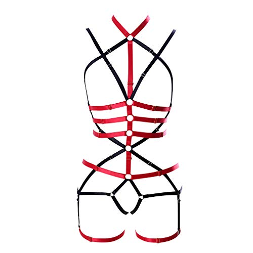 PETMHS Damen Punk BodyHarness Strappy BHS Full Strumpfband Gürtel Set Caged Bralette Crop Top Hohlkiste (Schwarz Rot) von PETMHS