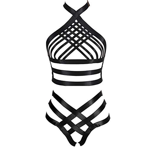 PETMHS Damen Punk Cut Out Harness Body Full Strappy Dessous Strumpfband Gürtel Set Elastizität Goth Club Rave Wear, Schwarz O22+P17, Einheitsgröße von PETMHS