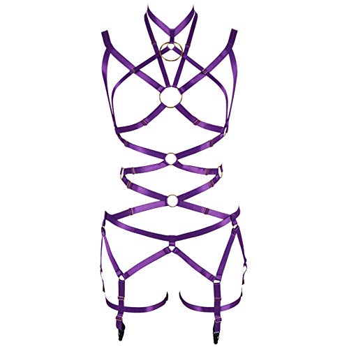 PETMHS Damen Punk Cut Out Harness Körper Voll Riemchen Dessous Taille Strumpfgürtel Set Elastizität Bralette Goth EDC Halloween Club Party Tanz Rave Wear (Dunkellila) von PETMHS