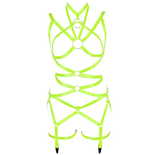 PETMHS Damen Punk Cut Out Harness Körper Voll Riemchen Dessous Taille Strumpfgürtel Set Elastizität Bralette Goth EDC Halloween Club Party Tanz Rave Wear (Fluorescent Green) von PETMHS