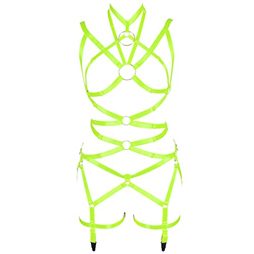 PETMHS Damen Punk Cut Out Harness Körper Voll Riemchen Dessous Taille Strumpfgürtel Set Elastizität Bralette Goth EDC Halloween Club Party Tanz Rave Wear (Fluorescent Green) von PETMHS