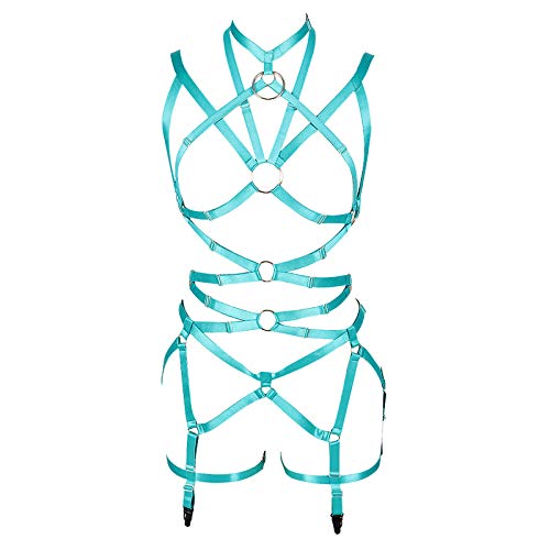 PETMHS Damen Punk Cut Out Harness Körper Voll Riemchen Dessous Taille Strumpfgürtel Set Elastizität Bralette Goth EDC Halloween Club Party Tanz Rave Wear (Jadegrün) von PETMHS