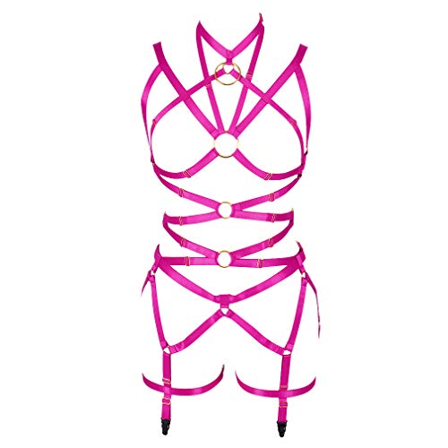 PETMHS Damen Punk Cut Out Harness Körper Voll Riemchen Dessous Taille Strumpfgürtel Set Elastizität Bralette Goth EDC Halloween Club Party Tanz Rave Wear (Rosenrot) von PETMHS