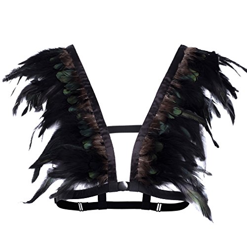 PETMHS Damen Punk Gürtel Brustgurt Harness Feder Epaulette Mit Federn Schulterflügel Schulter Flügel Körper Kabelbaum BH Ärmellos Sling Top Hohl BH Punk Gothic Feder Flügel Dance Rave Wear (Schwarz) von PETMHS