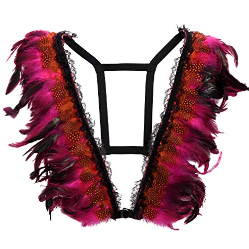 PETMHS Damen Punk Gürtel Brustgurt Harness Feder Epaulette Mit Federn Schulterflügel Schulter Flügel Körper Kabelbaum BH Ärmellos Sling Top Hohl BH Punk Gothic Feder Flügel Dance Rave Wear (Rot) von PETMHS