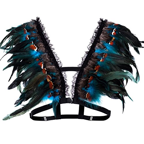 PETMHS Damen Punk Gürtel Brustgurt Harness Feder Epaulette Mit Federn Schulterflügel Schulter Flügel Körper Kabelbaum BH Ärmellos Sling Top Hohl BH Punk Gothic Feder Flügel Dance Rave Wear (Grün) von PETMHS