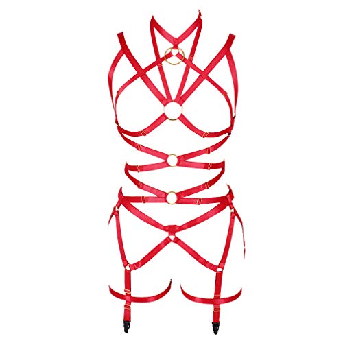 PETMHS Damen Punk Cut Out Harness Körper Voll Riemchen Dessous Taille Strumpfgürtel Set Elastizität Bralette Goth EDC Halloween Club Party Tanz Rave Wear (rot) von PETMHS