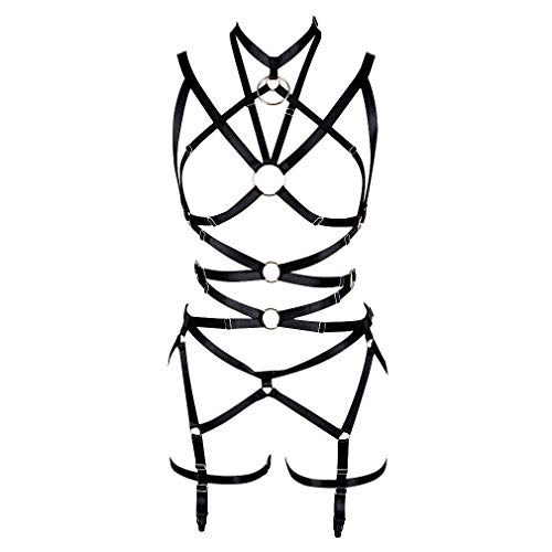 PETMHS Damen Punk Cut Out Harness Körper Voll Riemchen Dessous Taille Strumpfgürtel Set Elastizität Bralette Goth EDC Halloween Club Party Tanz Rave Wear (Schwarz) von PETMHS