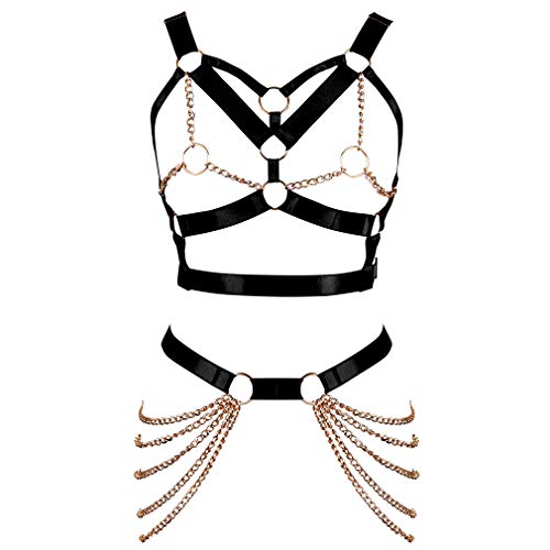 PETMHS Damen Punk Harness Ganzkörper Metallkette Riemchen Taille Strumpfband Gürtel Set Festival EDC Dance Rave Kostüme (Schwarzes Gold) von PETMHS