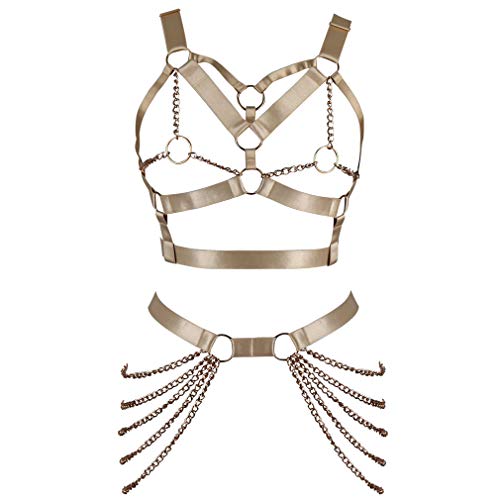 PETMHS Damen Punk Harness Ganzkörper Metallkette Riemchen Taille Strumpfband Gürtel Set Festival EDC Dance Rave Kostüme (hellgelb) von PETMHS