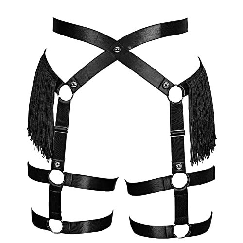 PETMHS Damen Punk Harness Strumpfhalter Gürtel Bein Taille Elastisch Körper Käfig Riemchen Aushöhlen Oberschenkel Strümpfe Strapse Dessous (Schwarz 78) von PETMHS