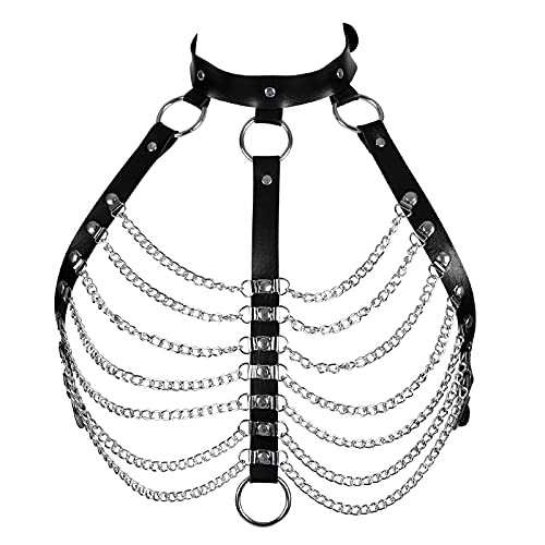 PETMHS Damen Punk Leder Schichtung Quaste Körperkette Aushöhlen BH Breast Schwarz Fetisch Dessous Gürtel Kette Strand Voll Rahmen Taille Käfig Brustgeschirr Charm Party Club Rave Body chain (Schwarz) von PETMHS