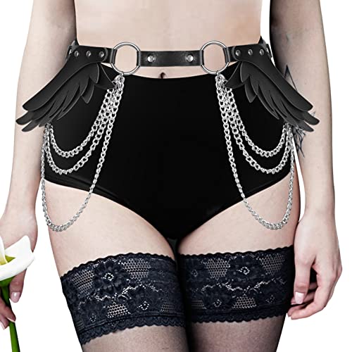 PETMHS Damen Punk Strumpfhalter Bein Harness Taille Körperkette Gürtel Leder Körperzubehör Schwarz Harness Körper Käfig Party Tanzen Sexy Gothic Accessoires für Frauen und Mädchen (Schwarz M64) von PETMHS