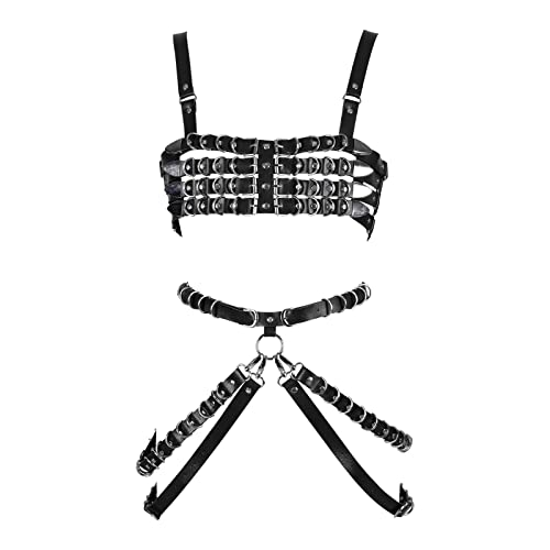 PETMHS Damen Punk Strumpfhalter ganzer Körper Körper Kabelbaum Taille Leder Gürtel Körperzubehör Harness Käfig Party Tanzen Sexy Gothic Accessoires für Frauen und Mädchen (Schwarz N1) von PETMHS