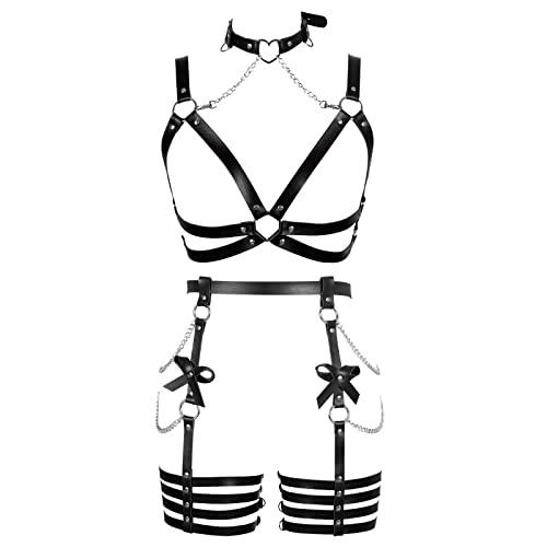 PETMHS Damen Punk Strumpfhalter ganzer Körper Körper Kabelbaum Taille Leder Gürtel Körperzubehör Harness Käfig Party Tanzen Sexy Gothic Accessoires für Frauen und Mädchen (Schwarz O65-P55) von PETMHS