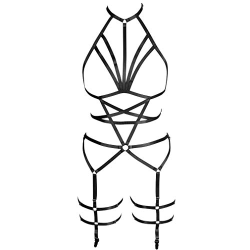 PETMHS Damen Riemchen BHS Pentagramm Caged Body Harness Full Garter Belts Strappy Hollow Lingerie Punk Goth Strumpfhalter Gürtel Übergröße (schwarz) von PETMHS