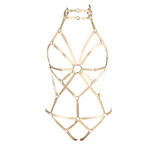 PETMHS Damengurt Body Harness Dessous Full Caged Taille Strumpfgürtel Set Riemchenrahmen Bralette Punk Goth Halloween Club Party Dance Rave Wear (Gelb) von PETMHS