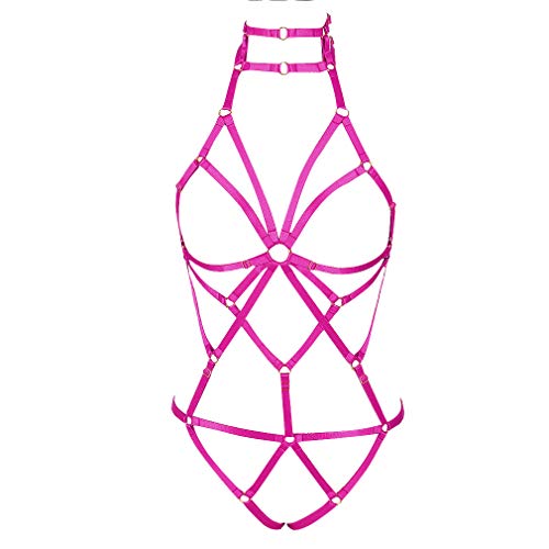 PETMHS Damengurt Body Harness Dessous Full Caged Taille Strumpfgürtel Set Riemchenrahmen Bralette Punk Goth Halloween Club Party Dance Rave Wear (Rosenrot) von PETMHS