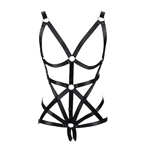 PETMHS Frauen Ausgeschnitten Bandeau Harness Strappy Body Caged BH Volle Dessous Taille Strumpfgürtel Set Rahmen Bralette Punk Goth Halloween Club Party Tanz Rave Wear (Schwarz) von PETMHS