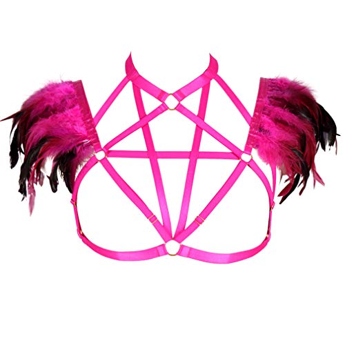 PETMHS Frauen Feder Body Harness Strappy Tops Aushöhlen Käfig BH Rahmen Punk Gothic Club Dance Rave Kleidung (Rosenrot) von PETMHS