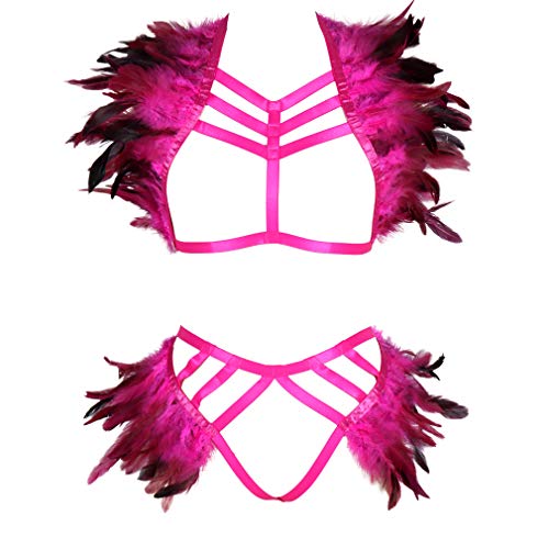 PETMHS Frauen Full Feather Body Harness Offene Brust Engelsflügel Punk Strappy Epaulet Goth Rave Strumpfbandgürtel (Rosenrot) von PETMHS