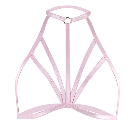PETMHS Frauen Körper Brustgeschirr BH Elastischer Cupless BH Aushöhlen Riemchen Crop Tops Punk Gothic EDC Rave Gürtel… (Rosa) von PETMHS