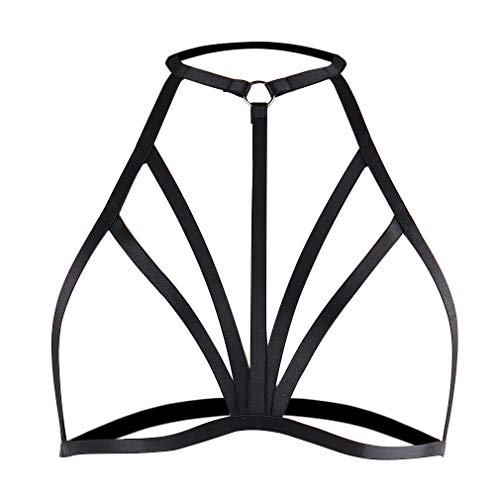 PETMHS Frauen Körper Brustgeschirr BH Elastischer Cupless BH Aushöhlen Riemchen Crop Tops Punk Gothic EDC Rave Gürtel… (Schwarz) von PETMHS