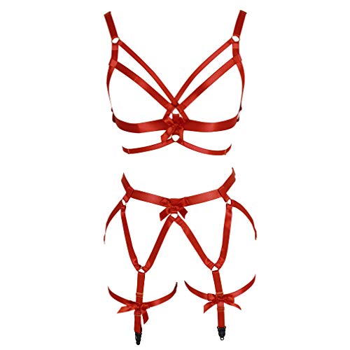 PETMHS Frauen Punk Body Harness Aushöhlen Brust Riemchen Tops Bralette Schmetterling Rahmen Taille Strumpfband Gürtel Set Rave Kleidung (Weinrot) von PETMHS