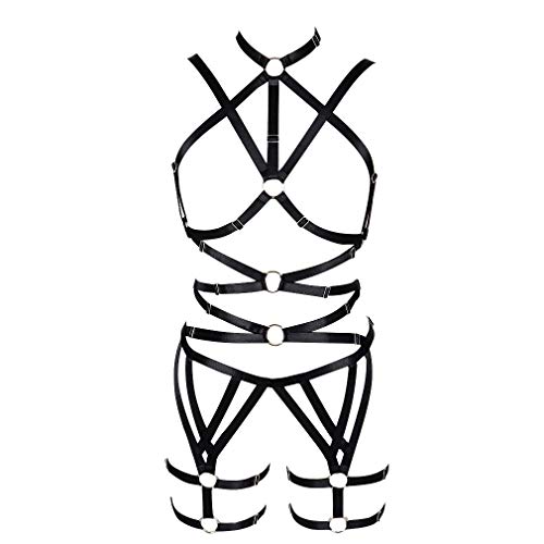 PETMHS Frauen Punk Cut Out Harness Körper Käfig BH Full Strappy Dessous Set Taille Strumpfband Gürtel Bralette Goth Halloween Club Party Tanz Rave Wear (Schwarz) von PETMHS