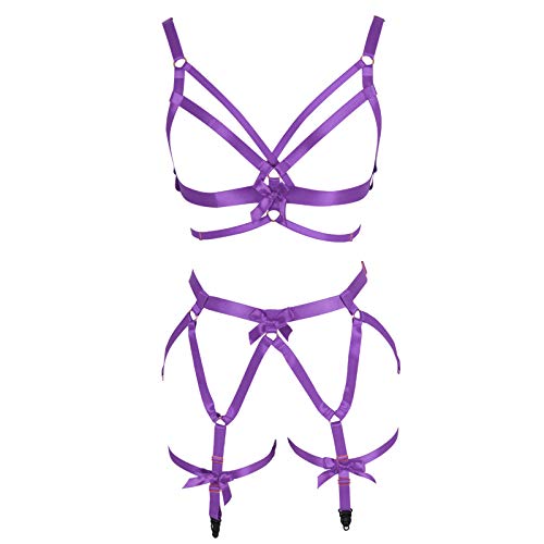 PETMHS Frauen Punk Harness Körper voller Riemen Taille Strumpfband Gürtel Elastizität BH Gothic Festival Rave Wear (Purple) von PETMHS