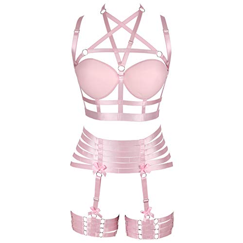 PETMHS Frauen Riemchen Ganzkäfig Body Harness Dessous Strumpfband Gürtel Set Elastic Hollow Tops BH Punk Gothic Festival Rave Wear (Rosa) von PETMHS