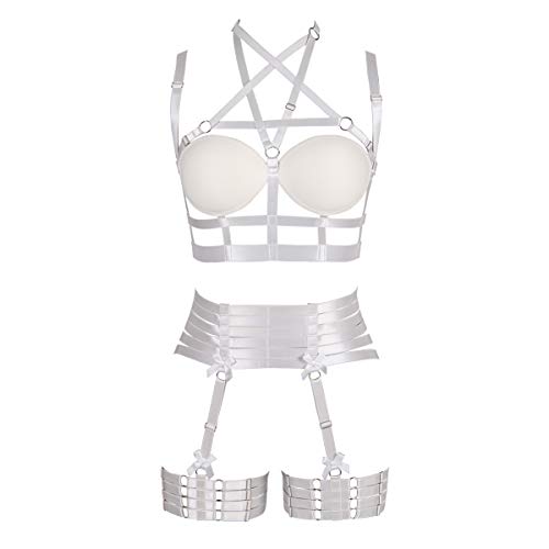 PETMHS Frauen Riemchen Ganzkäfig Body Harness Dessous Strumpfband Gürtel Set Elastic Hollow Tops BH Punk Gothic Festival Rave Wear (Weiß) von PETMHS