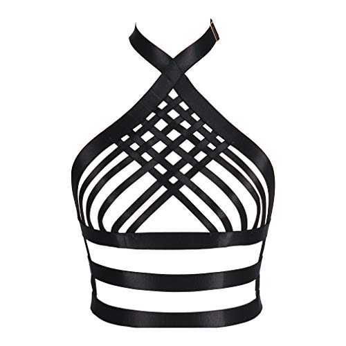 PETMHS Frauen Riemchen Harness BH Punk Körper Brust Bandage Dessous Aushöhlen Rahmen Crop Tops Bralette Plus Size Gothic Tanzen Cosplay Rave Halloween Kleidung (schwarz) von PETMHS