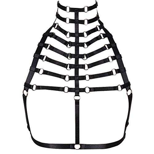 PETMHS Frauen Riemchen Harness BH Punk Pentagramm Körper Brust Bandage Dessous Aushöhlen Rahmen Crop Tops Bralette Plus Size Taille Strumpfgürtel Set Goth Rave Halloween Kleidung (Black 08) von PETMHS