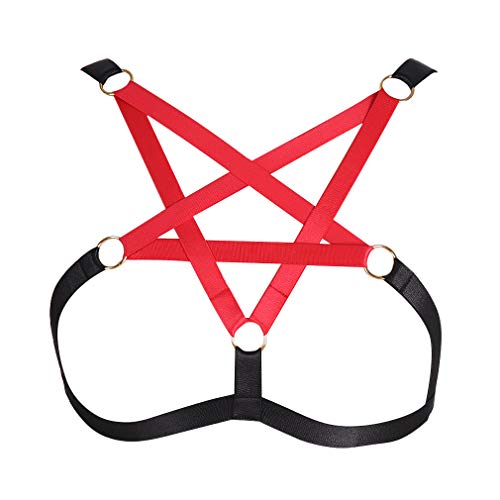 PETMHS Frauen Riemchen Harness BH Punk Pentagramm Körper Brust Bandage Dessous Aushöhlen Rahmen Crop Tops Bralette Plus Size Taille Strumpfgürtel Set Goth Rave Halloween Kleidung (Black red 53) von PETMHS