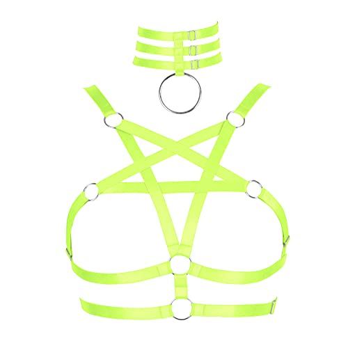 PETMHS Frauen Riemchen Harness BH Punk Pentagramm Körper Brust Bandage Dessous Aushöhlen Rahmen Crop Tops Bralette Plus Size Taille Strumpfgürtel Set Goth Rave Halloween Kleidung (Leuchtendes Grün) von PETMHS