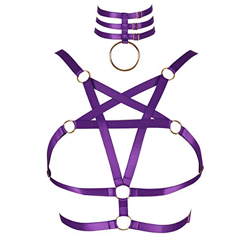 PETMHS Frauen Riemchen Harness BH Punk Pentagramm Körper Brust Bandage Dessous Aushöhlen Rahmen Crop Tops Bralette Plus Size Taille Strumpfgürtel Set Goth Rave Halloween Kleidung (Purple) von PETMHS