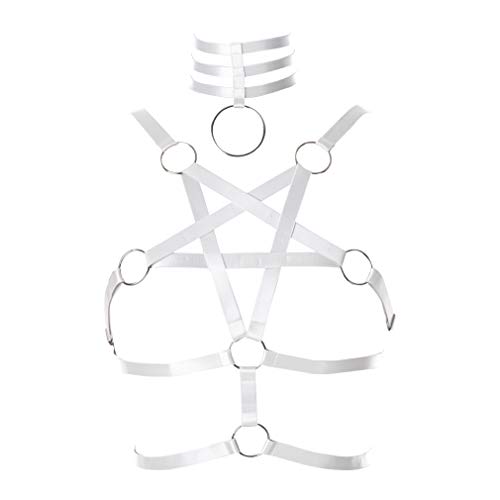 PETMHS Frauen Riemchen Harness BH Punk Pentagramm Körper Brust Bandage Dessous Aushöhlen Rahmen Crop Tops Bralette Plus Size Taille Strumpfgürtel Set Goth Rave Halloween Kleidung (Weiß) von PETMHS