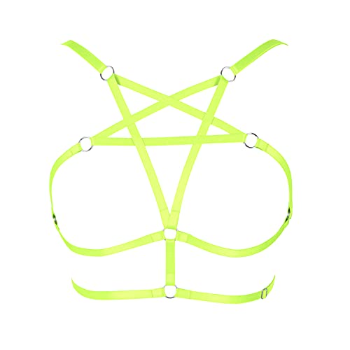 PETMHS Frauen Riemen Ganzkörpergeschirr BH Elastischer Cupless BH Punk Gothic Dessous Pentagram Gothic Geschirre Plus Size (Leuchtendes Grün) von PETMHS