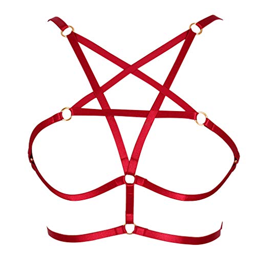 PETMHS Frauen Riemen Ganzkörpergeschirr BH Elastischer Cupless BH Punk Gothic Dessous Pentagram Gothic Geschirre Plus Size (Rotwein) von PETMHS