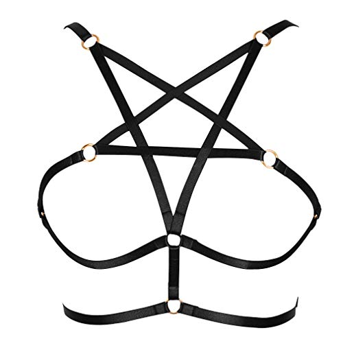 PETMHS Frauen Riemen Ganzkörpergeschirr BH Elastischer Cupless BH Punk Gothic Dessous Pentagram Gothic Geschirre Plus Size (Schwarz) von PETMHS