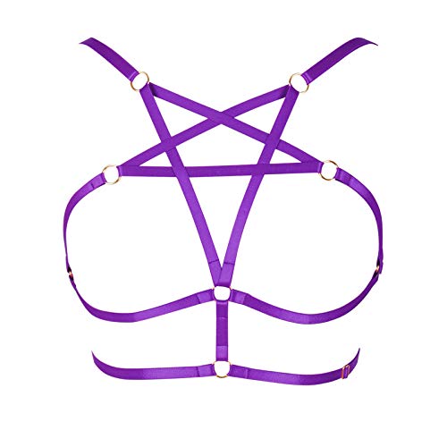 PETMHS Frauen Riemen Ganzkörpergeschirr BH Elastischer Cupless BH Punk Gothic Dessous Pentagram Gothic Geschirre Plus Size (Violett) von PETMHS