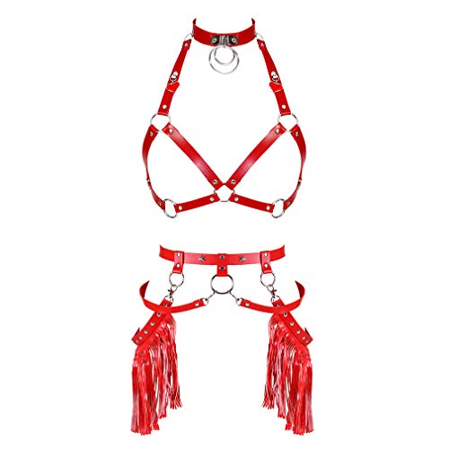 PETMHS Frauen Taille Geschirr Leder Gürtel Metallkette Körper Quaste Punk Festival Dance Rave Kostüme (rot) von PETMHS
