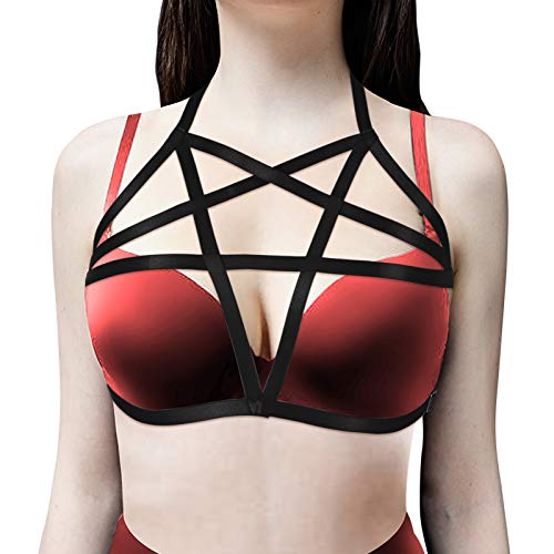 PETMHS Pentagram Harness BH Punk Top Damen Riemchen Top Hollow Out Halfter Elastic Plus Size Harajuku Gothic Rave Gürtel (schwarz) von PETMHS