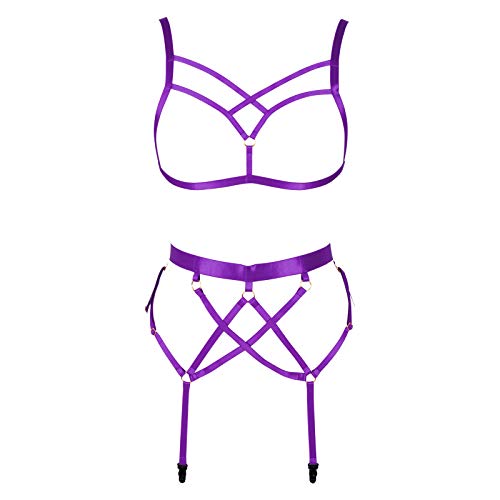 PETMHS Punk Body Harness Dessous für Frauen Full Hollow Breast Cage BH und Strumpfgürtel Set Strappy Rave Art Kleidung (Lila) von PETMHS