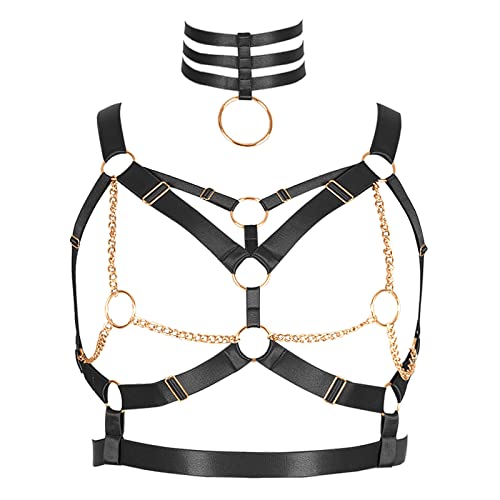 PETMHS Punk Brust Harness BH Body Chain für Damen Truhe Kette Schwarz Gothic Halsband Ketten Riemchen Geschirr BHs Körperschmuck Clubwear Mode Belly Belts (Schwarzes Gold O19) von PETMHS