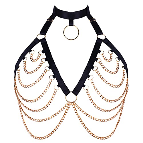 PETMHS Punk Brust Harness BH Body Chain für Damen Truhe Kette Schwarz Gothic Halsband Ketten Riemchen Geschirr BHs Körperschmuck Clubwear Mode Belly Belts (Schwarzes Gold O321) von PETMHS