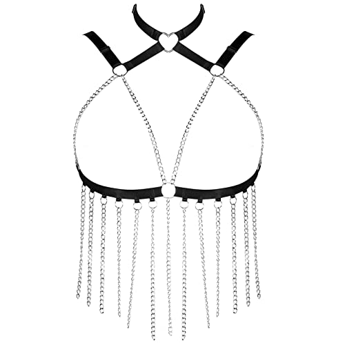 PETMHS Punk Brust Harness BH Body Chain für Damen Truhe Kette Schwarz Gothic Halsband Ketten Riemchen Geschirr BHs Körperschmuck Clubwear Mode Belly Belts (Schwarzes Silber O274) von PETMHS